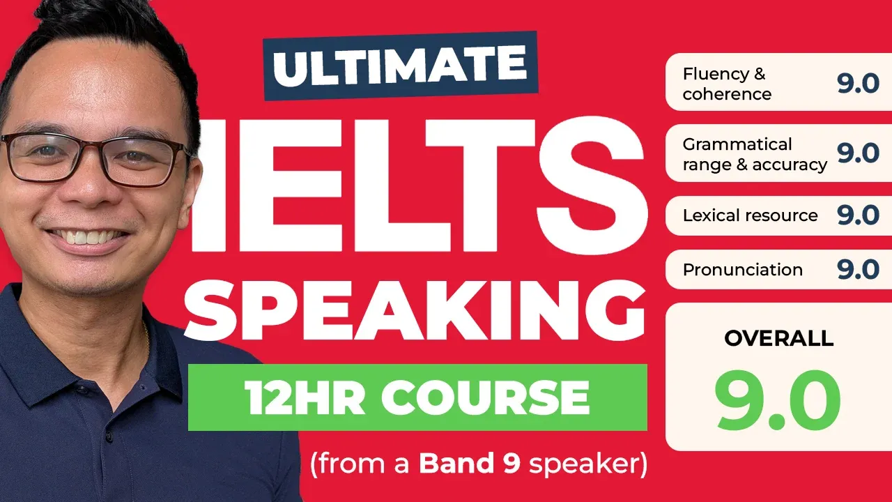Instructor Matt with the course title 'Ultimate IELTS English Speaking Course' and his official Band 9 scores for Speaking, Fluency, Pronunciation, Vocabulary, and Grammar.