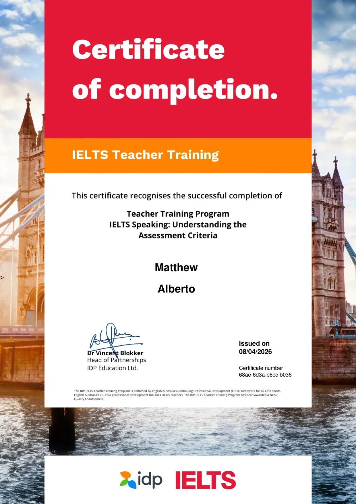 Matthew's IELTS Speaking Teacher Training Program Certificate by IDP IELTS